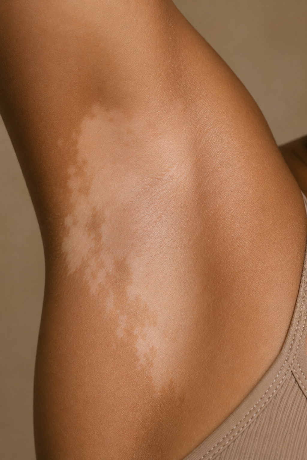 Close-up of natural skin of someone's underarm with visible pigmentation and tonal variation, highlighting inclusive skin representation.