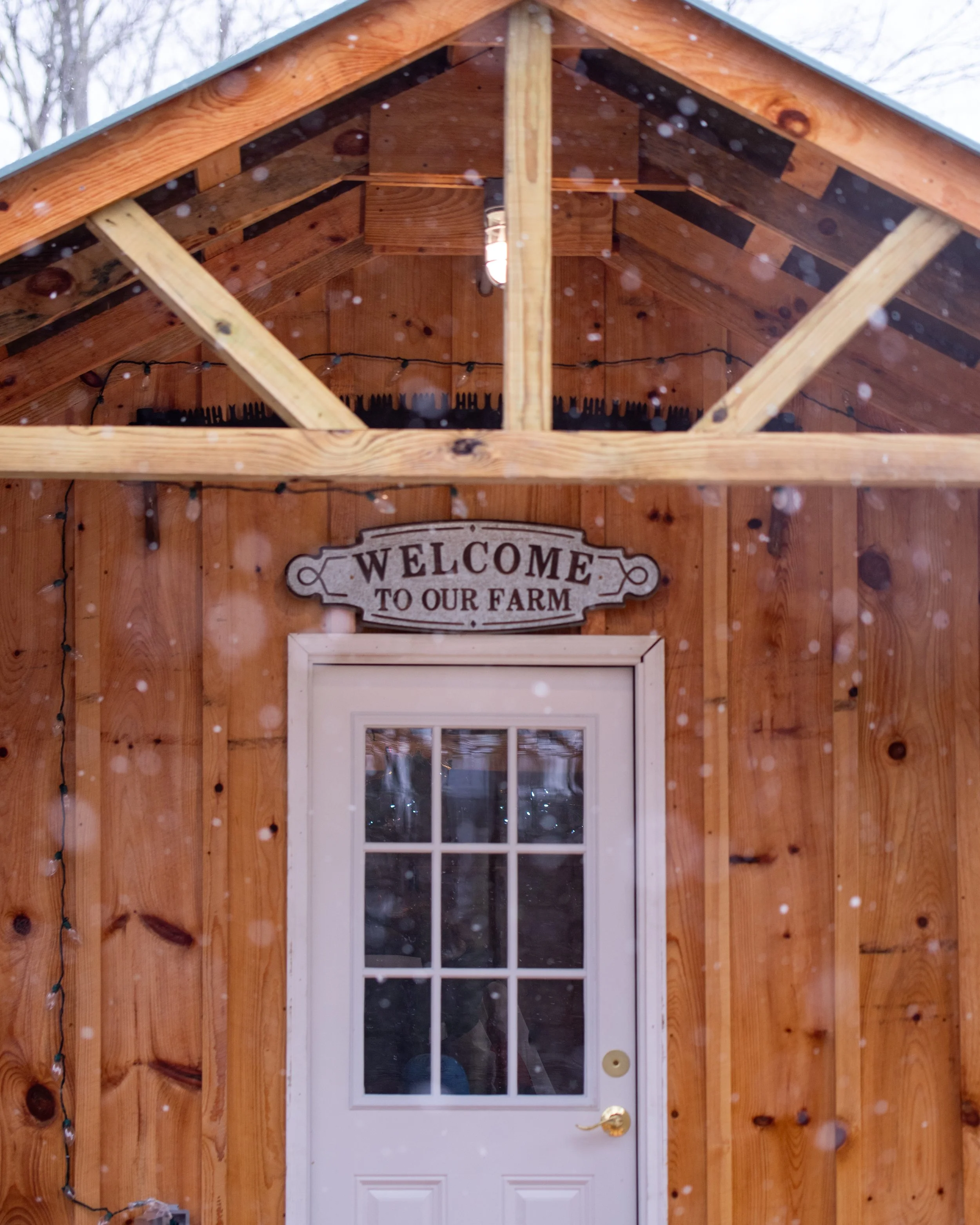A wooden exterior wall with a white door featuring a window grid. A welcome sign is above the door, and string lights are draped along the wall. Snow is falling.