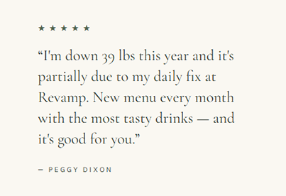 Quote about weight loss and a new menu at Revamp by Peggy Dixon, with five stars at the top.
