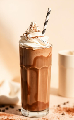 Chocolate milkshake topped with whipped cream and a striped straw in a tall glass