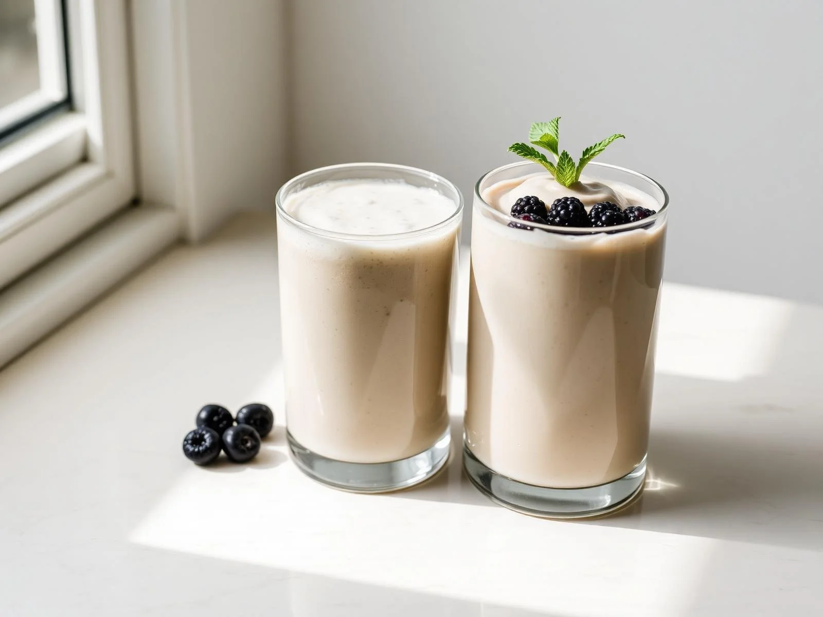 Two glasses of creamy smoothie with blackberries on top, one garnished with a sprig of mint, placed on a white surface near a window, with some blackberries beside the glasses.