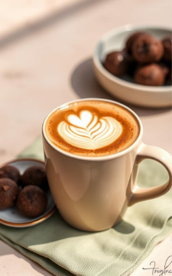 A cup of coffee with heart-shaped latte art, surrounded by bowls of chocolate cereal balls on a light surface with a green cloth beneath.