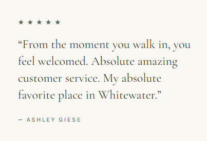 Customer testimonial quote on a white background appreciating Whitewater's customer service.