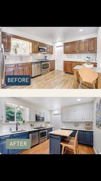 Kitchen before and after renovation. The before image shows wooden cabinets, granite countertops, stainless steel appliances, and light wood flooring. The after image displays white upper cabinets, navy lower cabinets, a different countertop, and a more colorful wall art, with the floor remaining similar.