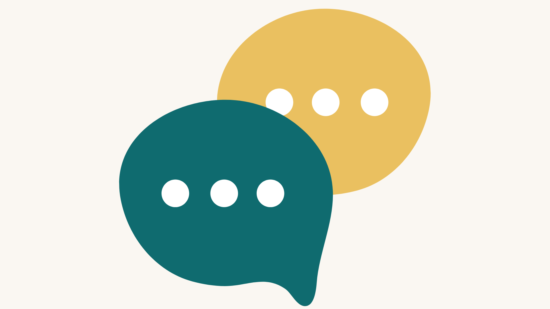 Two stylized speech bubbles, one teal with three white dots, the other gold with three white dots, overlapping on a light background.