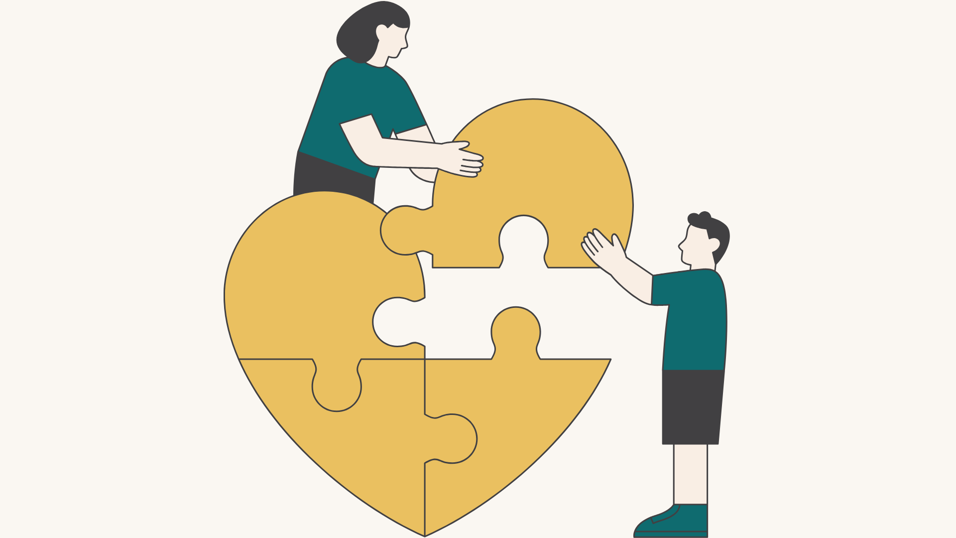 Two people assembling a puzzle heart made of four interlocking pieces, with one person placing a piece on top and the other holding a piece.