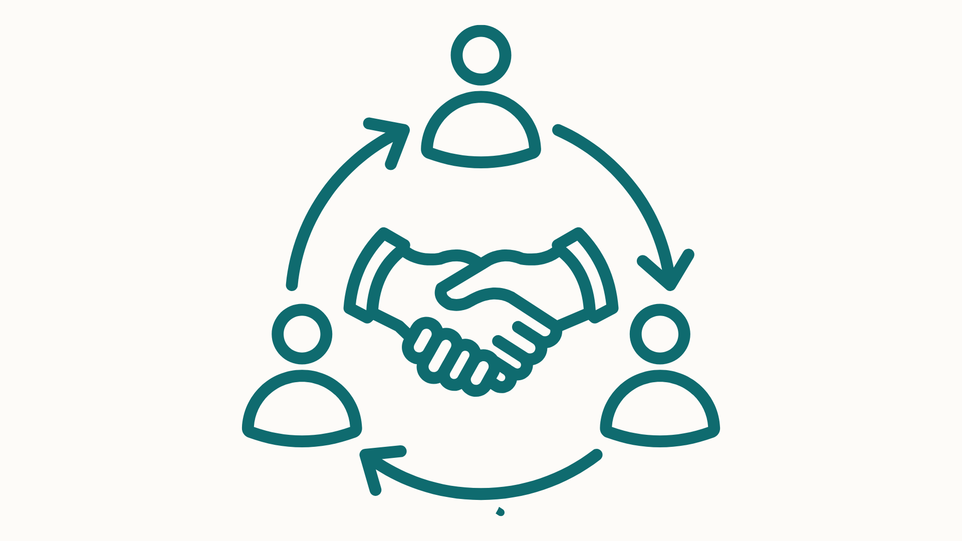 Illustration of a handshake surrounded by three figures connected in a circular flow with arrows, representing teamwork or collaboration.