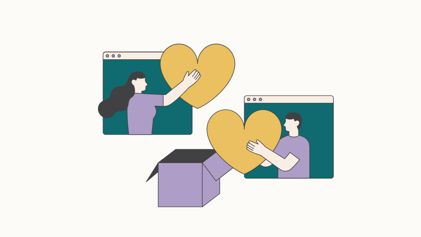 Digital illustration of a woman and a man holding large yellow hearts, with the woman emerging from a computer window and the man coming out of a cardboard box, symbolizing their choice to give love to their community via an online platform.