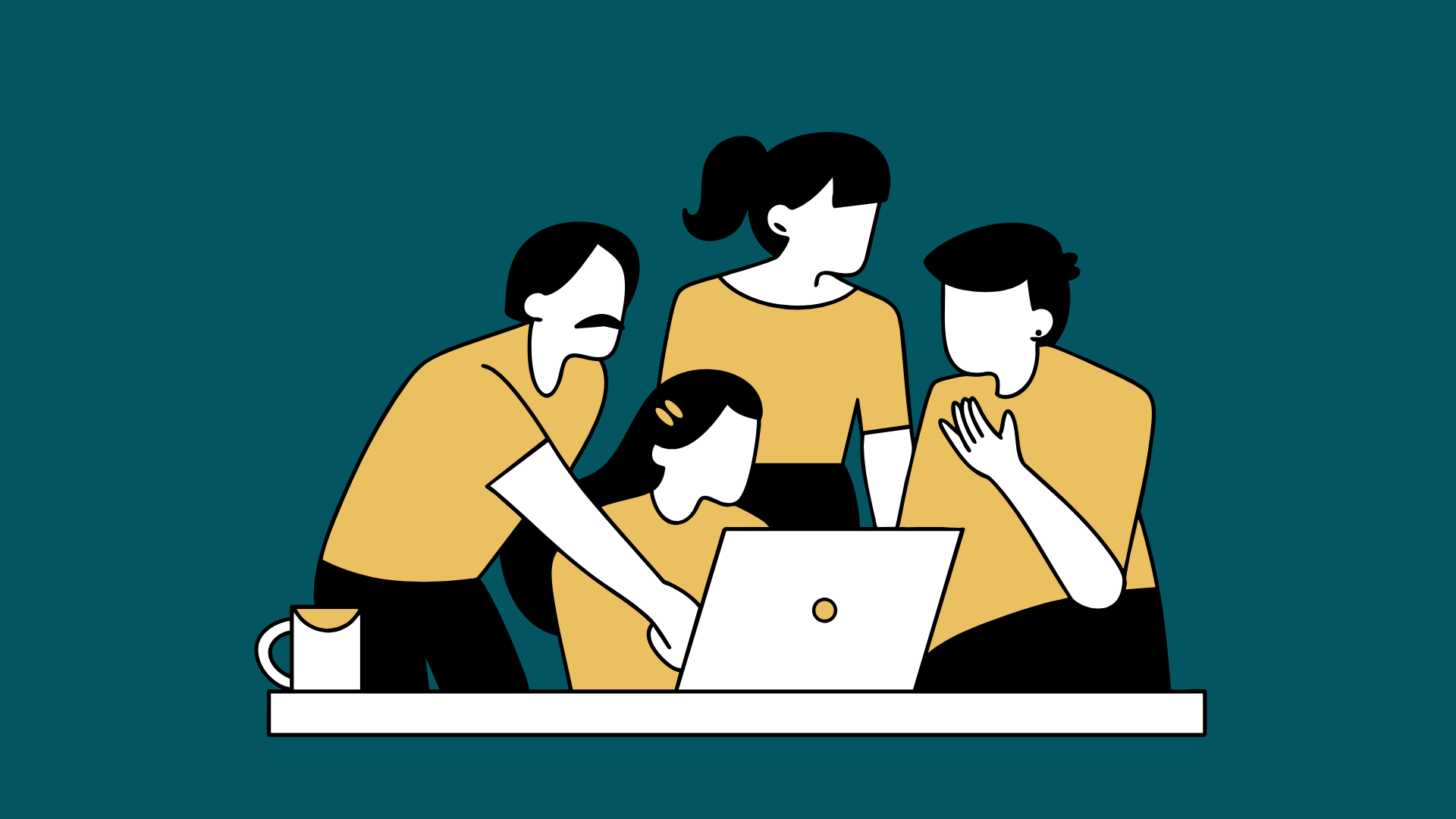 Illustration of four people gathered around a laptop, discussing and pointing at the screen, with a coffee mug nearby.