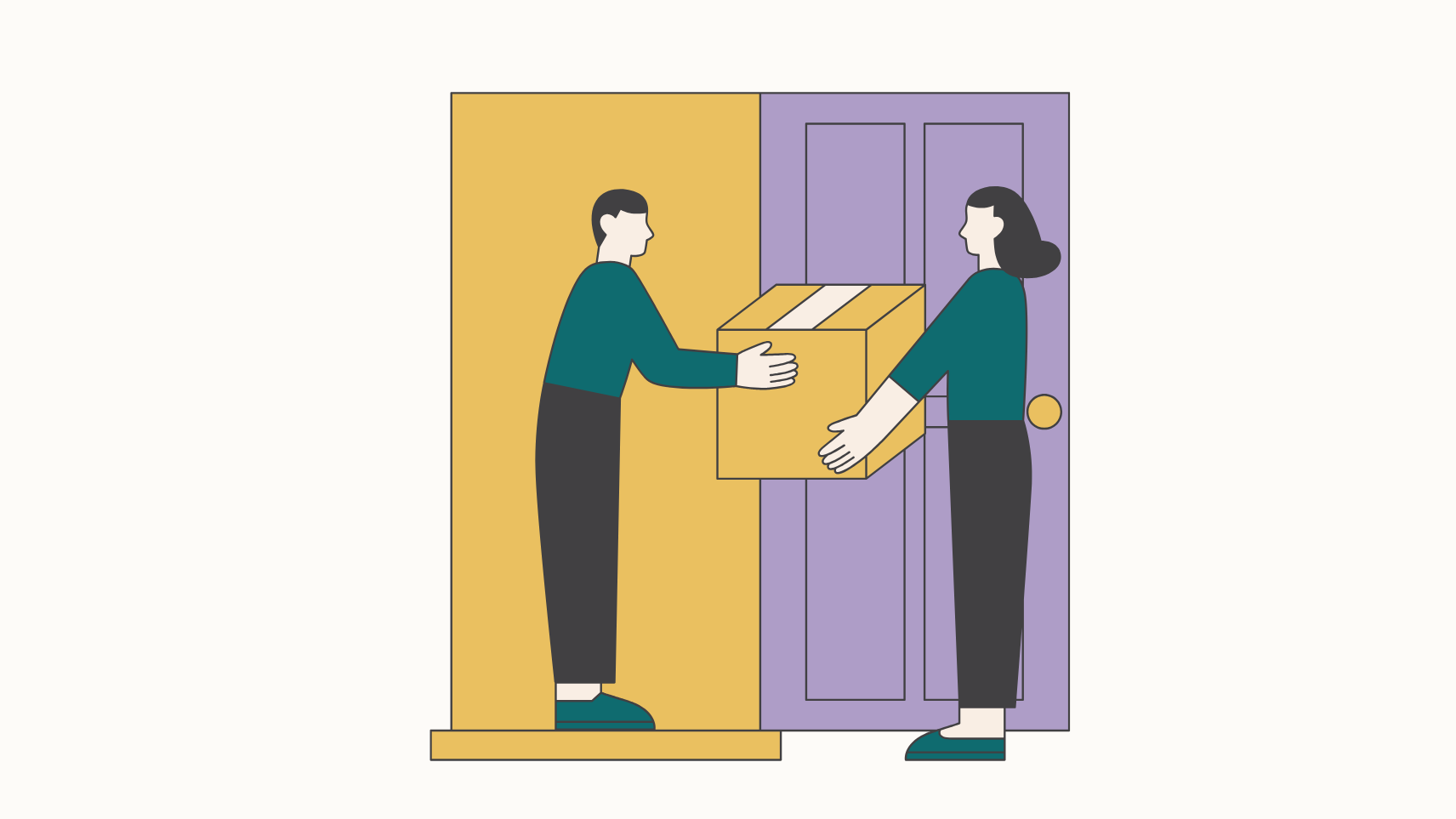 A person is handing a box to another person at the front door of a house.