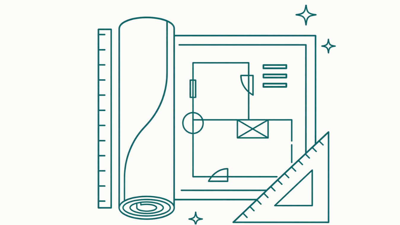 Line drawing of drafting tools including a ruler, a triangle, and a rolled-up blueprint.