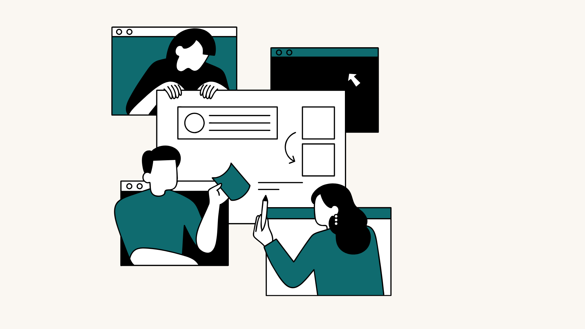 Illustration of four people collaborating on digital devices and documents in a workspace.
