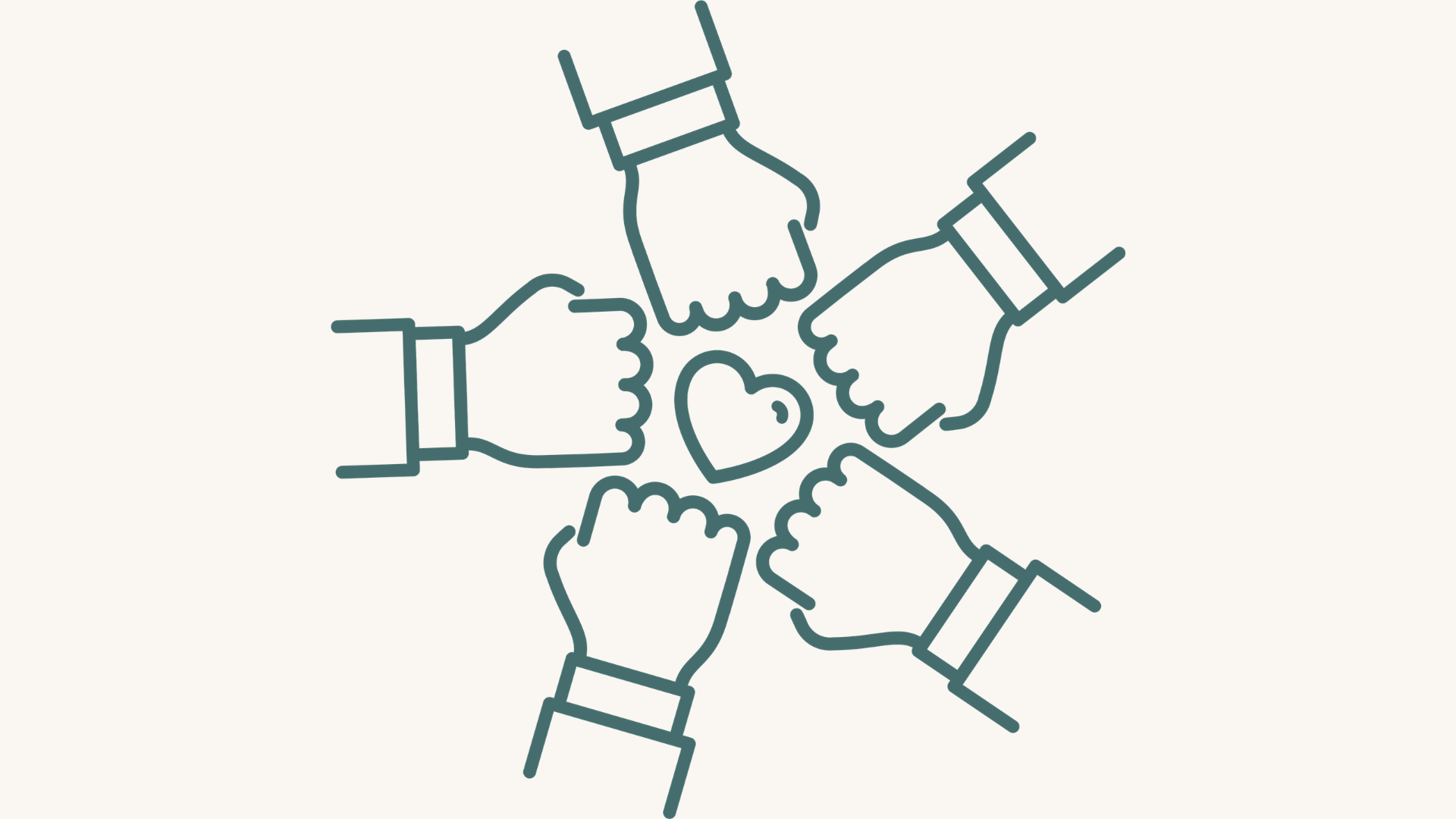 Illustration of four hands forming a circle around a heart, symbolizing love and unity.
