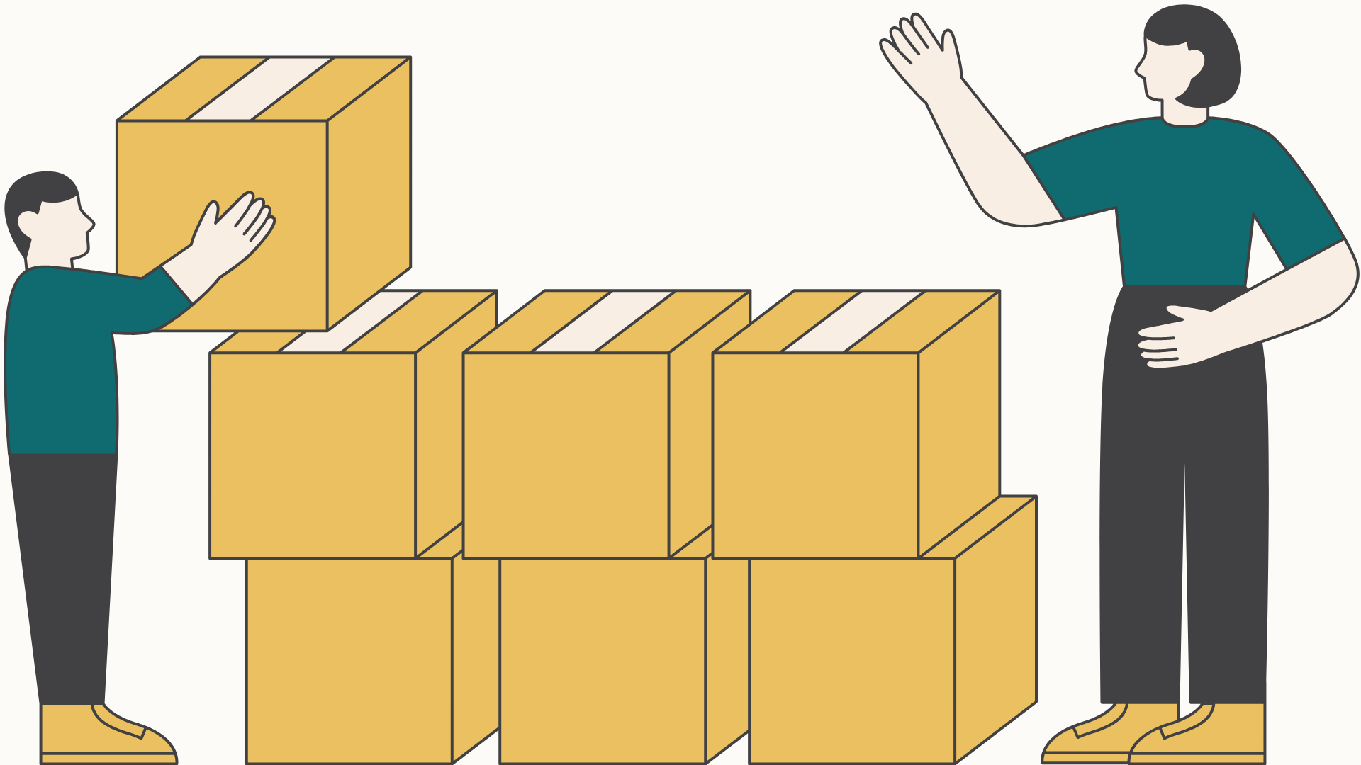 Illustration of two people stacking and managing cardboard boxes.