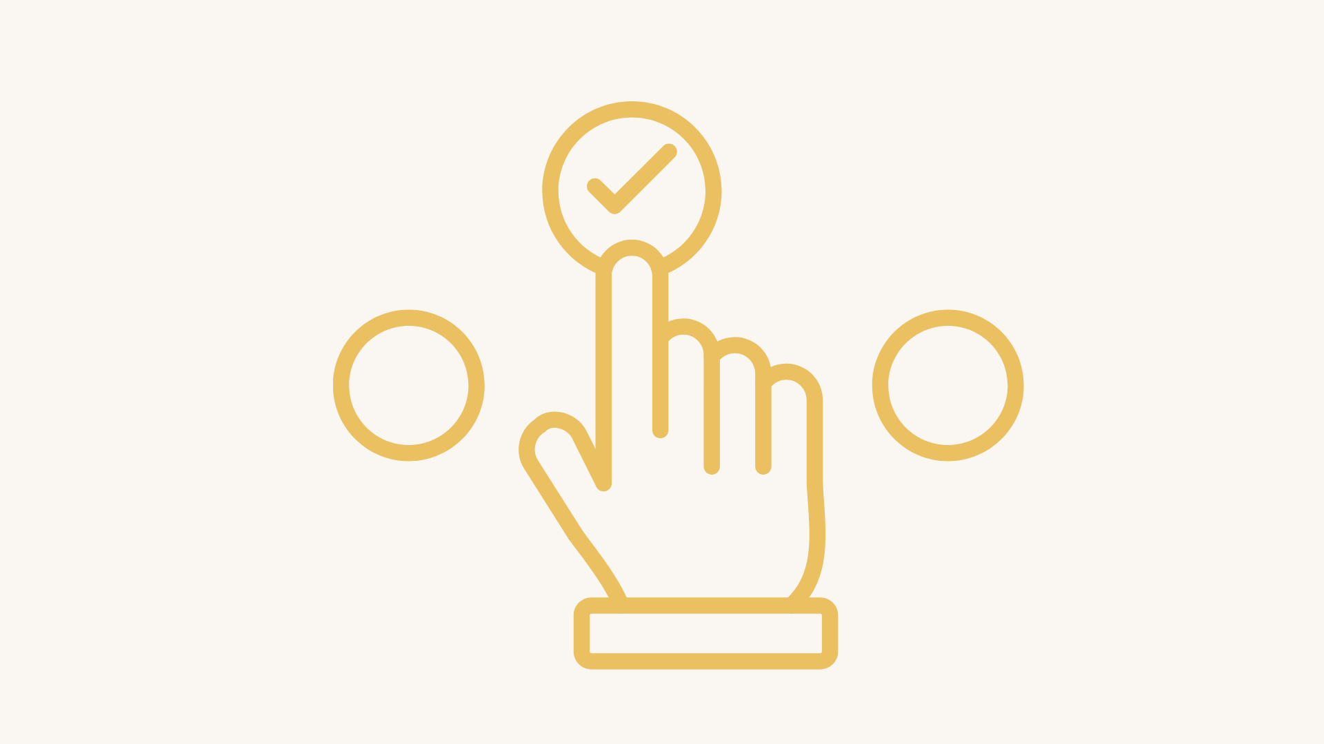 Line drawing of a hand pressing a button with a checkmark icon