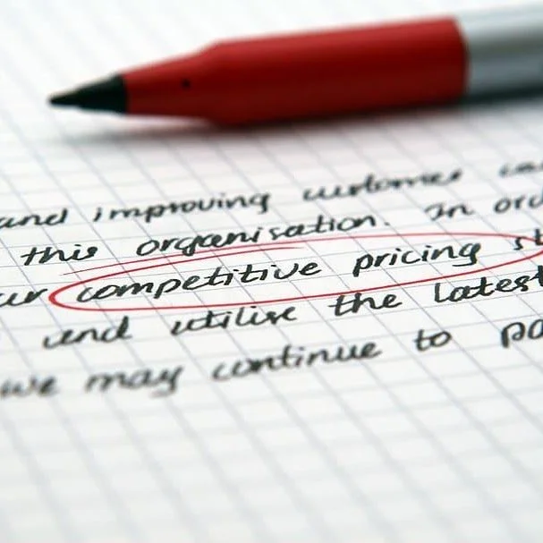 Close-up of handwritten notes on graph paper with a red pen, highlighting the phrase 'competitive pricing'.