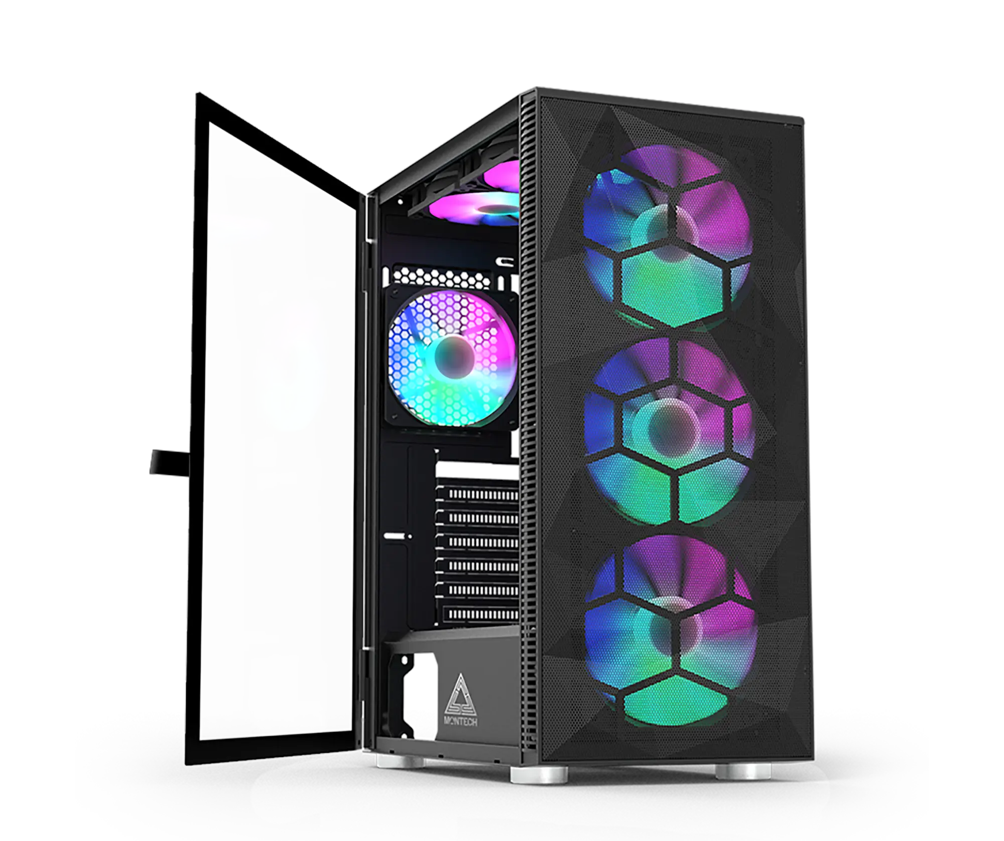 A sleek, black computer tower with a see-through front panel displaying colorful RGB cooling fans and a side panel with a geometric pattern, set against a plain dark background.