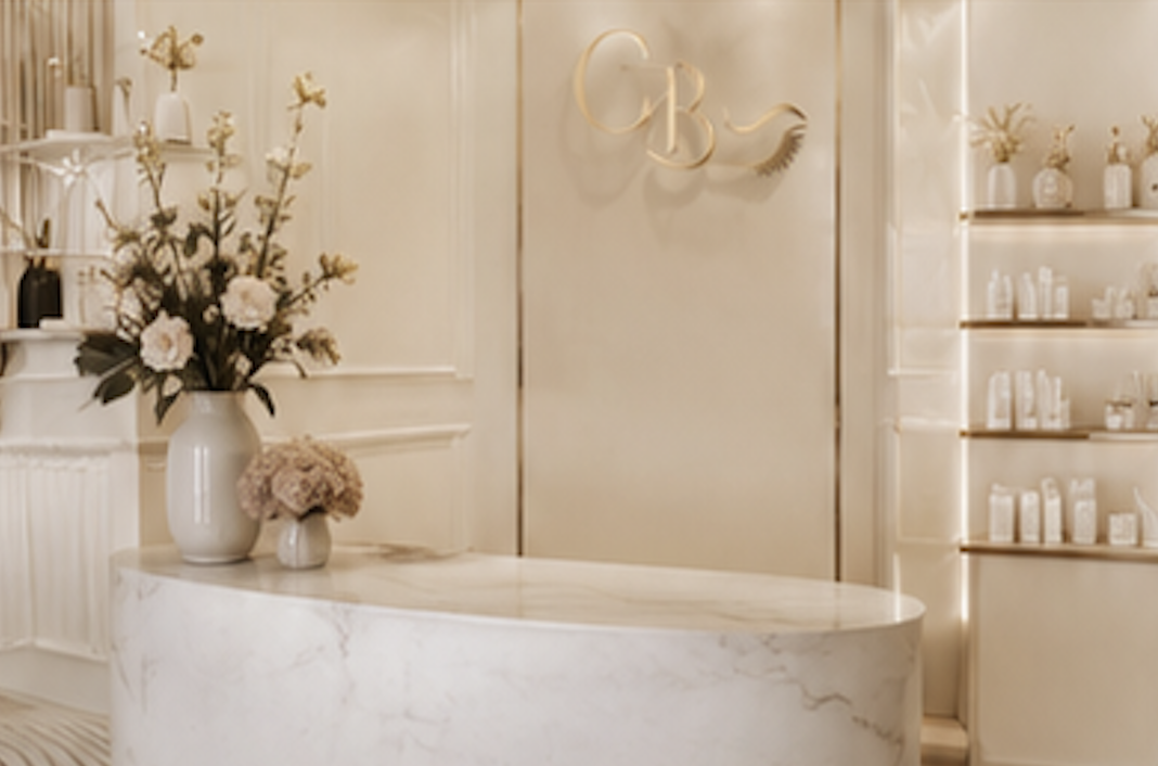 Elegant skincare or beauty store interior with white marble counter, large floral arrangement, and illuminated shelves of skincare products, with a wall sign displaying the initials "C B".