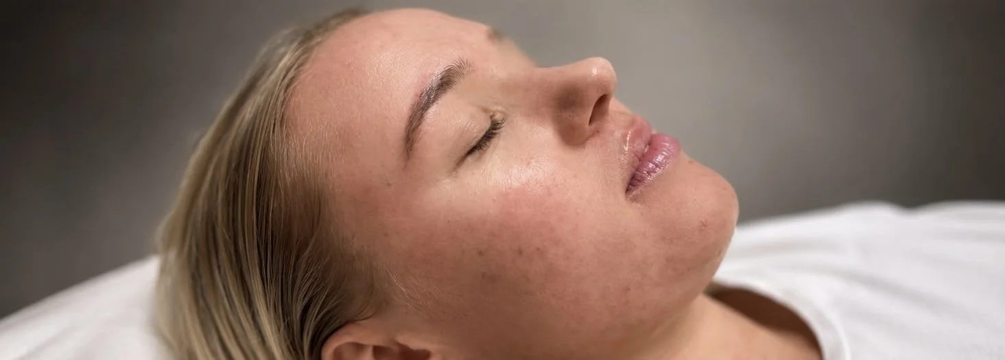 A woman with blonde hair and closed eyes lying in bed with a relaxed expression.