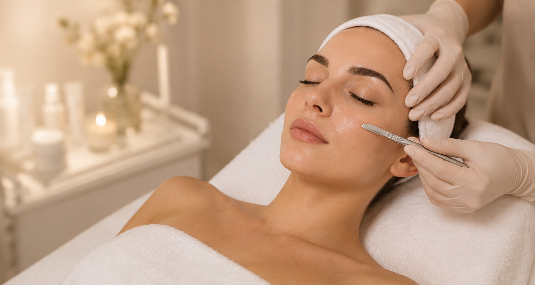A woman receives a facial treatment at a spa, lying on a treatment bed with her eyes closed while a professional uses a small tool on her cheek.
