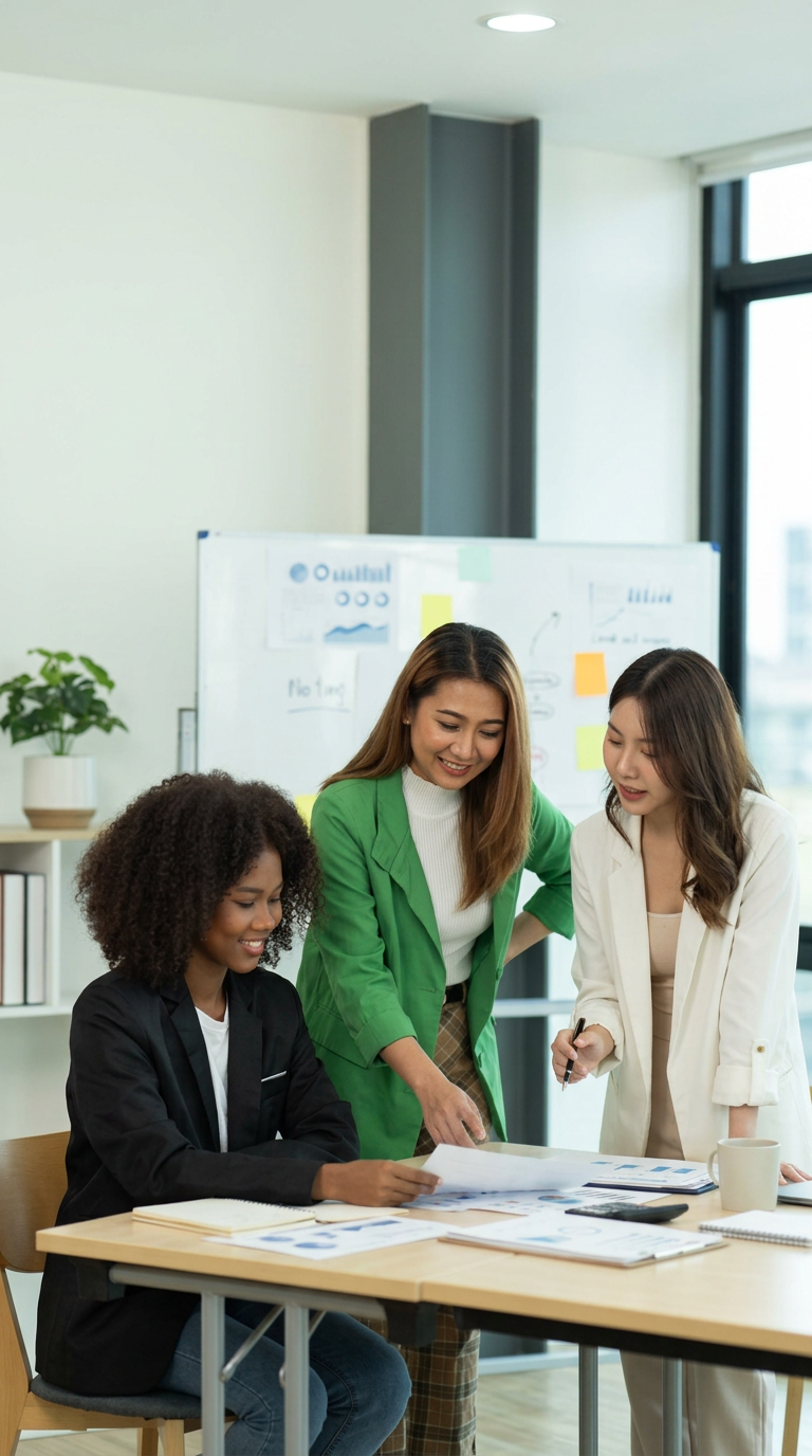 Three women collaborating in a modern office, reviewing documents on a table with a whiteboard and large window in background.