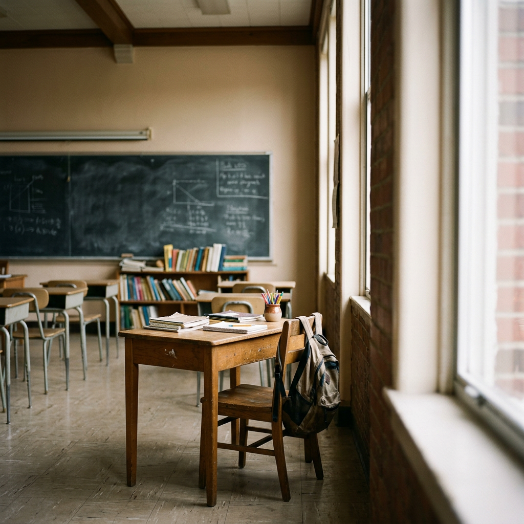 An empty classroom with a wooden desk and chair, books and notebooks on the desk, a backpack hanging on the chair, a bookshelf filled with books, and a blackboard on the wall in the background. Large windows let in natural light.