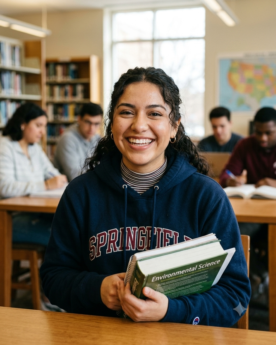 A smiling young woman holds a green textbook titled "Environmental Science" while seated at a wooden desk in a classroom with other students in the background.