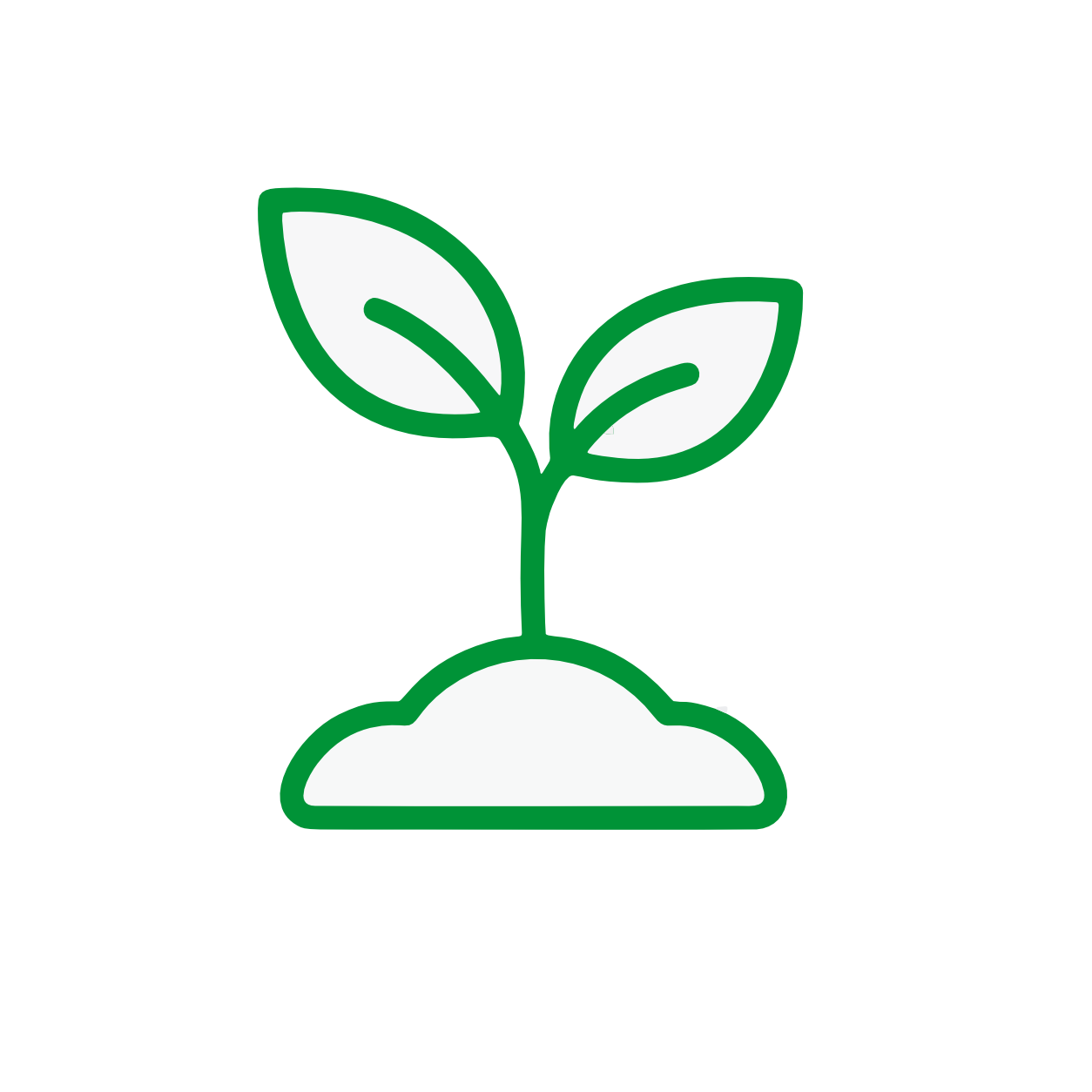 A simple illustration of a small plant sprouting from the ground with two green leaves.