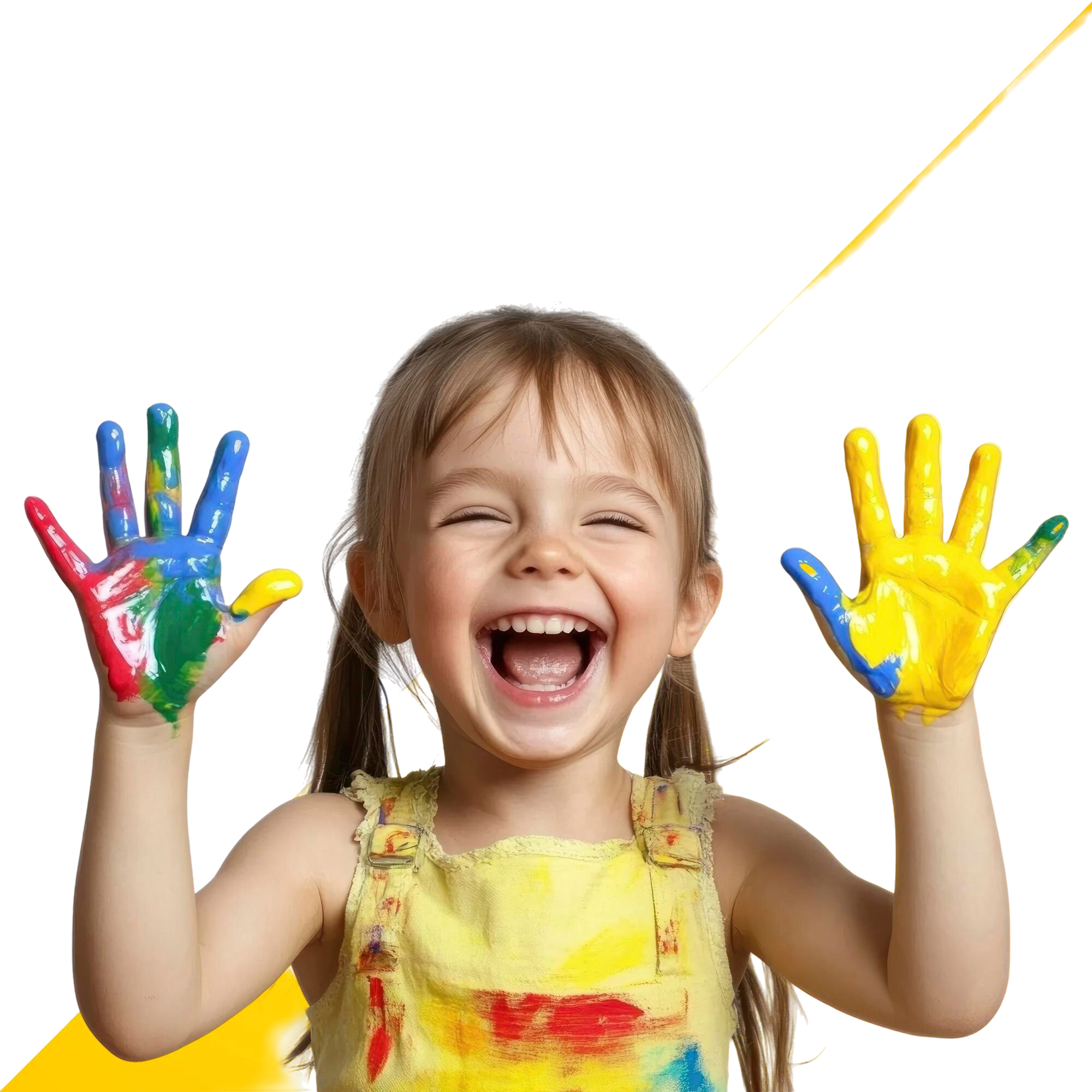 Young girl with painted hands and face, smiling with eyes closed, wearing a yellow dress with paint stains.