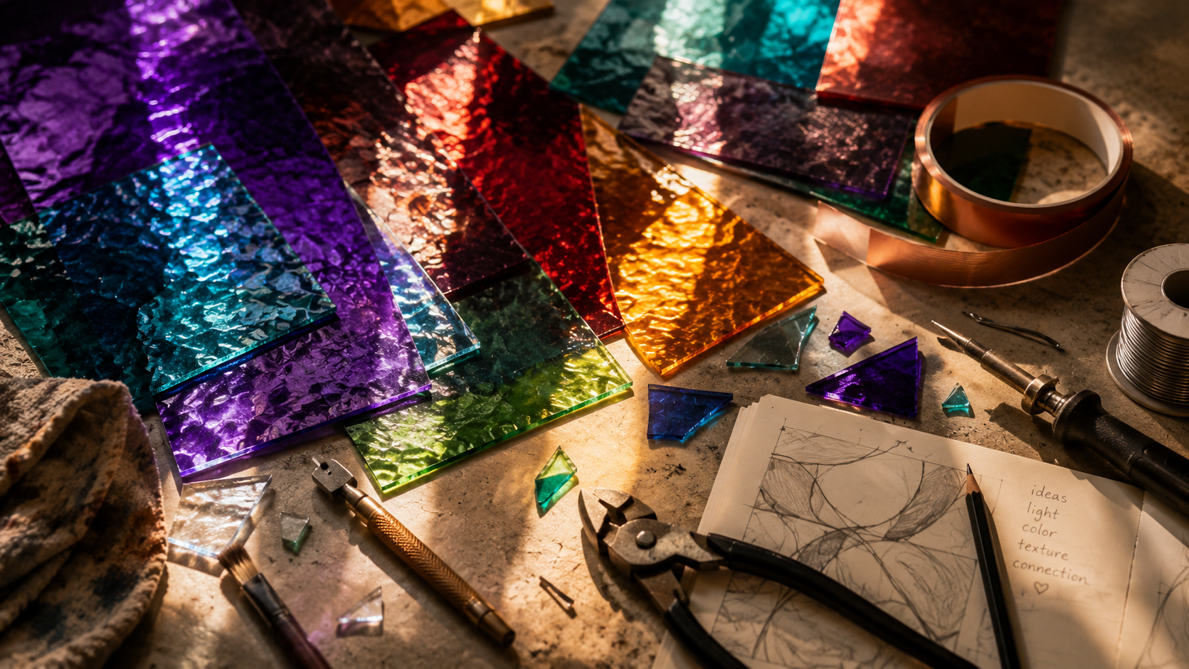 Colorful textured glass sheets in purple, blue, green, red, yellow, orange, and teal on a work table. Tools like pliers, a glass cutter, a syringe, and small glass pieces are scattered around. A sketchbook with a drawing and notes about ideas, light, color, texture, and connection is also visible.
