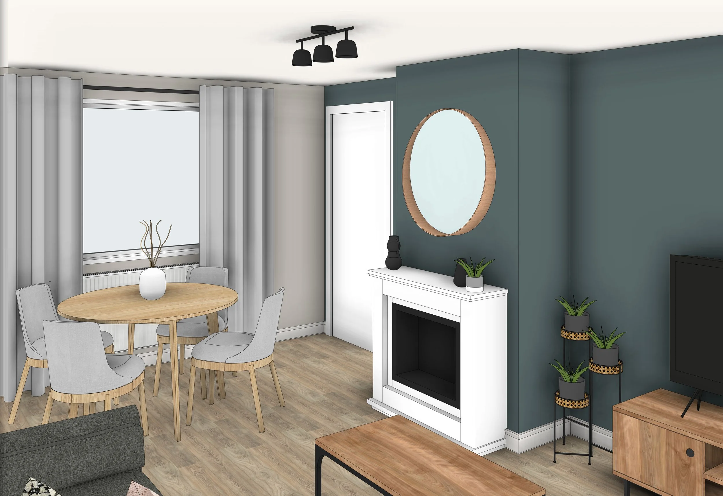 A living room and dining area with a round wooden table, four gray chairs, white curtains, a window, a white fireplace with a mirror above it, potted plants, a television, and a dark teal accent wall.