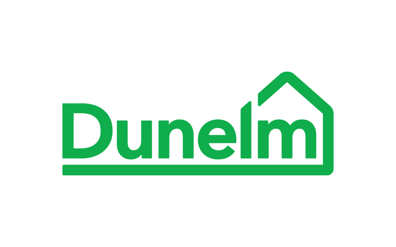 Green and black logo for Dunelm, a home furnishings retailer, with the text 'Dunelm' inside a stylized outline of a house.