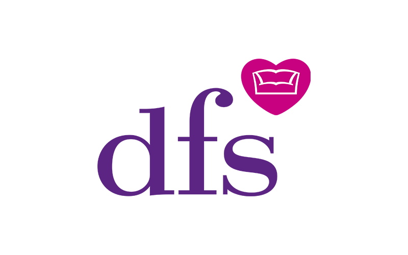 Logo with the letters 'DFS' in purple, a pink heart with a white couch illustration to the upper right.