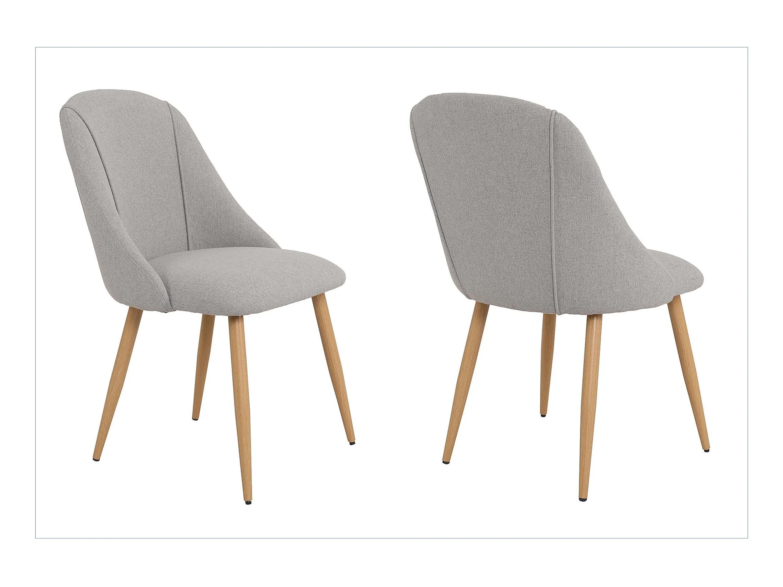 Two light gray upholstered chairs with wooden legs, positioned side by side against a white background, viewed from front and back.