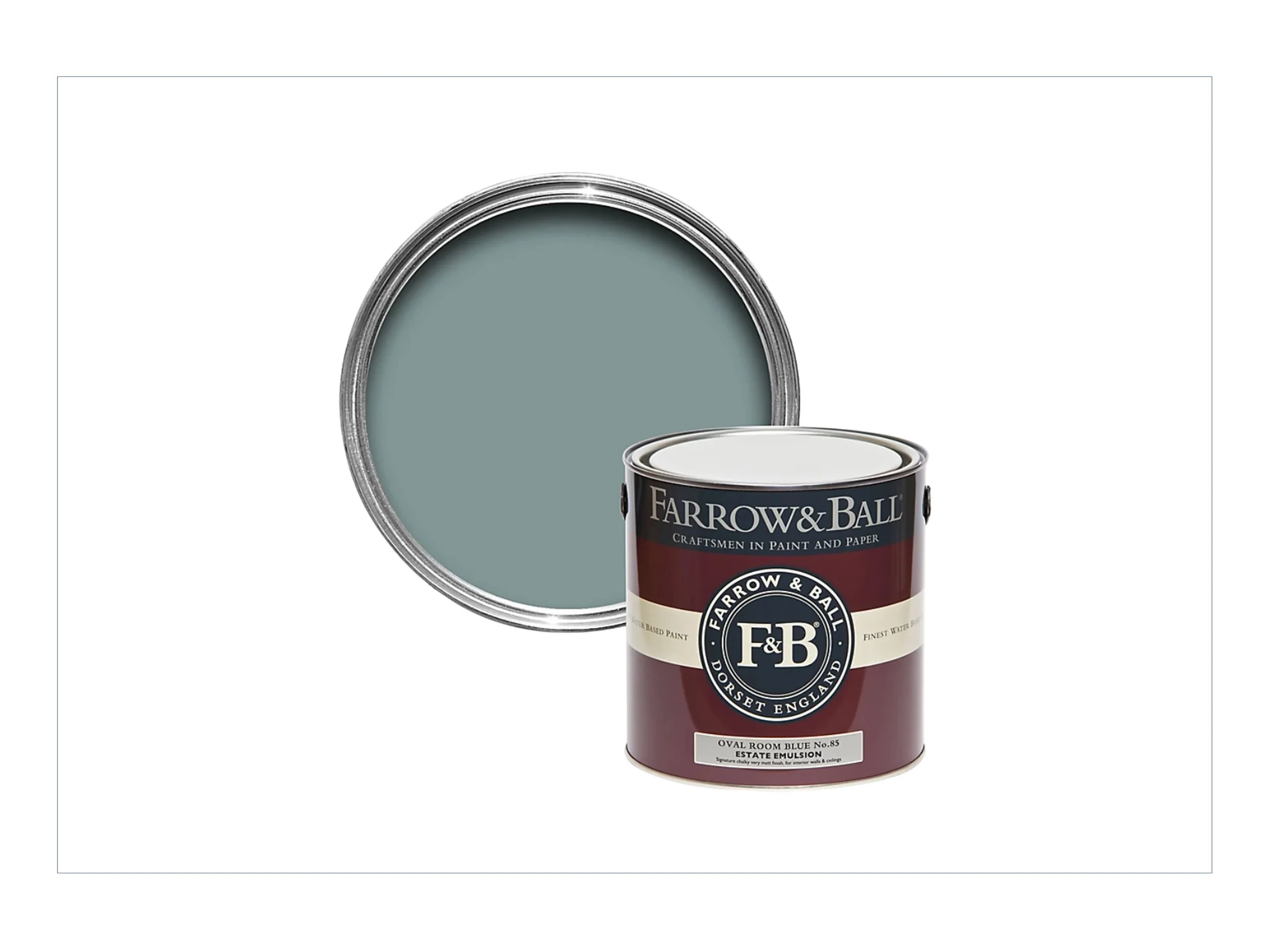 A can of Farrow & Ball paint with its lid removed, showing the paint inside. The can's label indicates it is 'Oval Room Blue No.85' and describes the paint as an estate emulsion, with branding and color details.