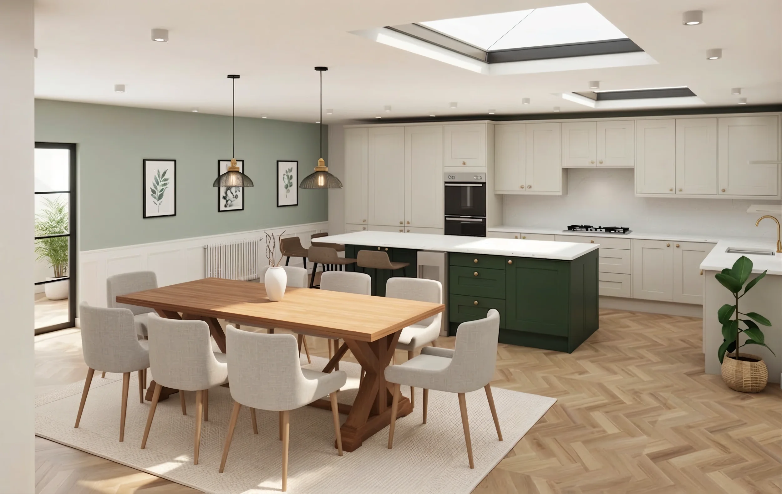 Modern kitchen and dining area with wooden table, cream chairs, white cabinets, and a green kitchen island. Skylights in ceiling, wall art, potted plants, and natural light.