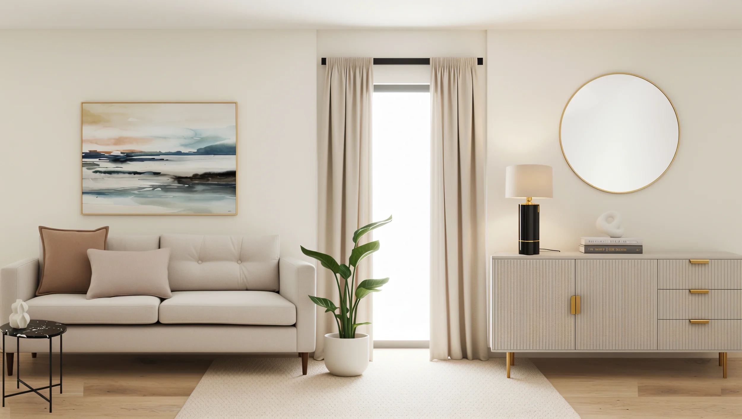 Modern living room with a white sofa, beige pillows, a black coffee table, a green potted plant, a window with cream curtains, a white sideboard, a round mirror, and a table lamp.