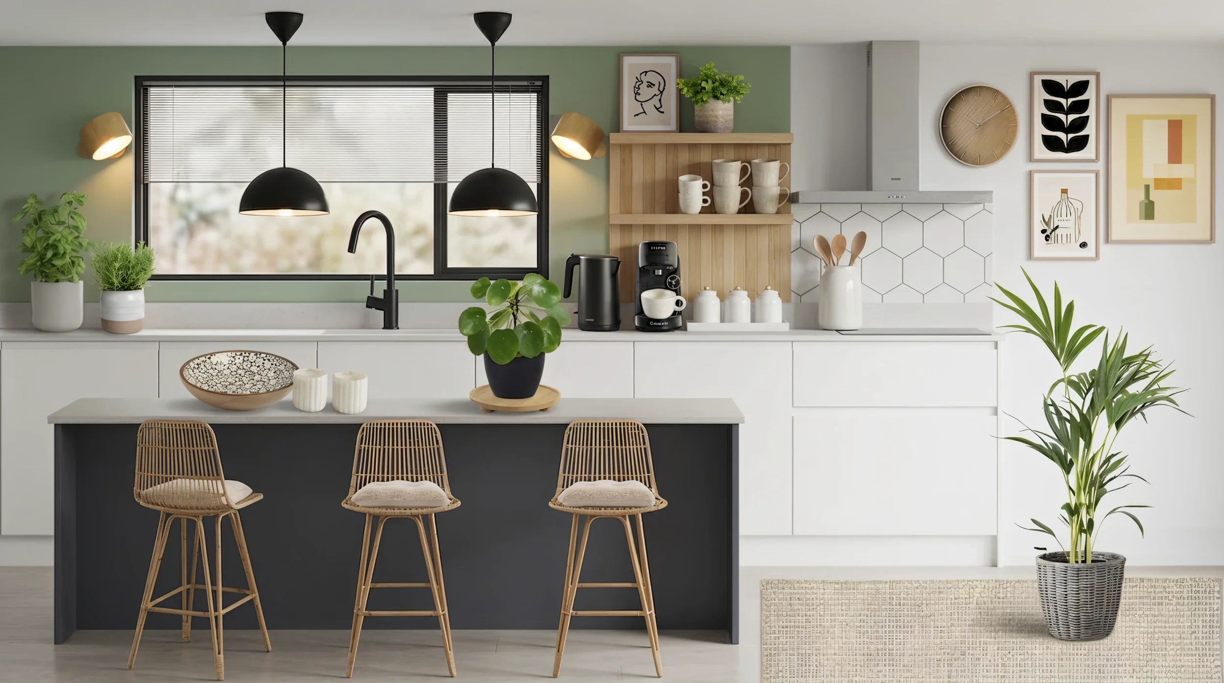 Modern kitchen with white cabinets, black island, and wooden bar stools. Decor includes potted plants, wall art, and a large plant in a black basket.
