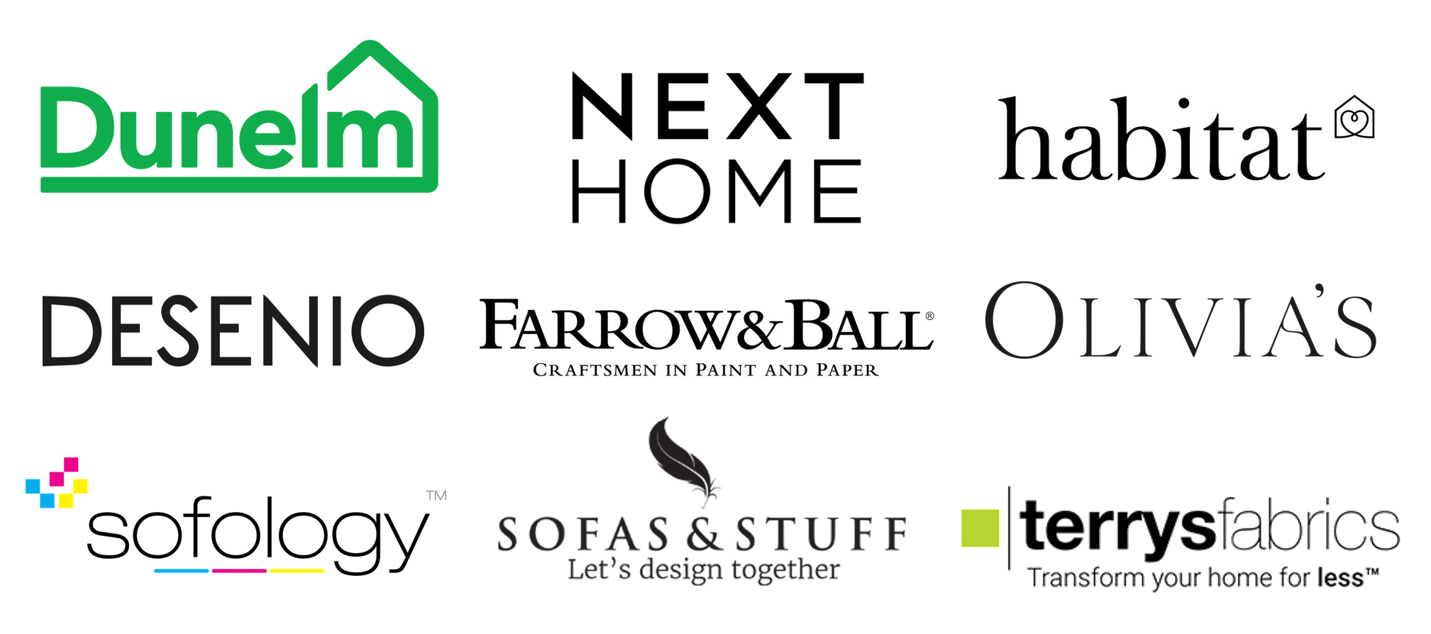 A collection of logos for various home improvement and furniture brands, including Dunelm, Next Home, Habitat, Desenio, Farrow & Ball, Olivia's, Sofology, Sofas & Stuff, and Terry's Fabrics.