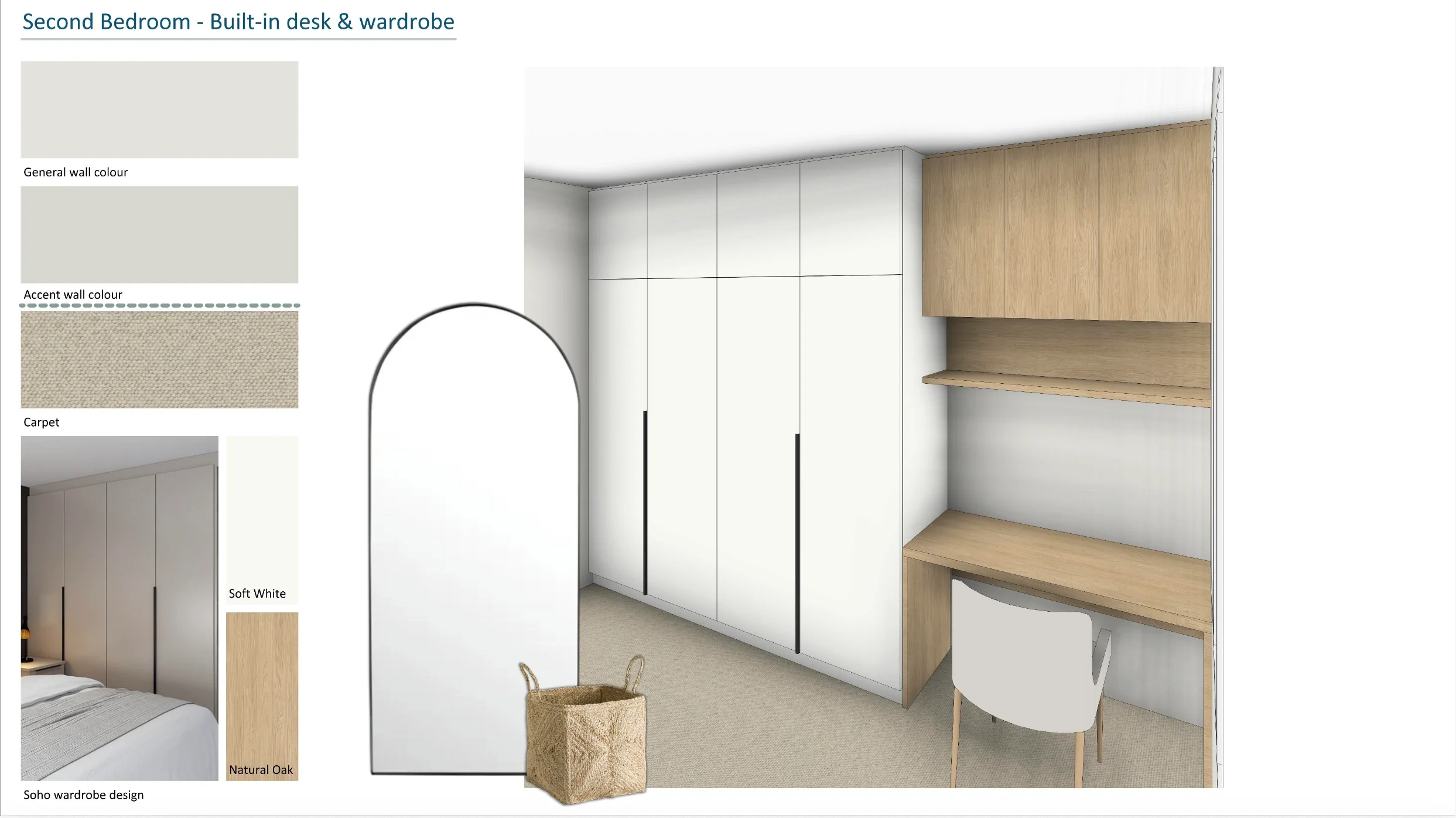 Design of a second bedroom closet featuring white built-in wardrobe cabinets with black handles, natural oak wood accent wall and shelves, a small desk with a white chair, and a beige carpet.