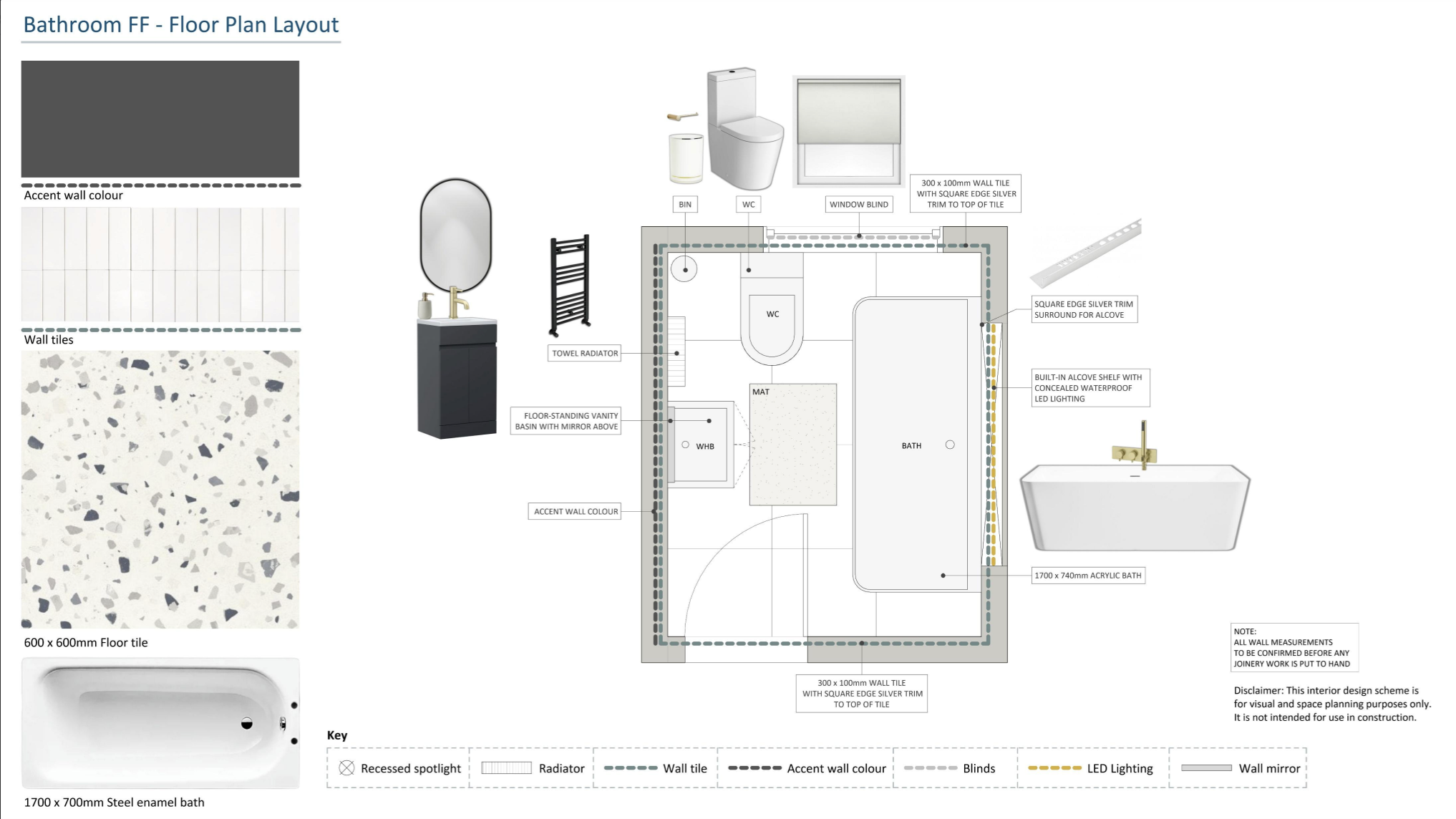 Bathroom floor plan layout with details on wall tiles, wall tile sizes, accessories, fixtures, and design features, including wall paint color, tiles, bathtub, sink, mirror, radiator, window blind, and lighting elements.