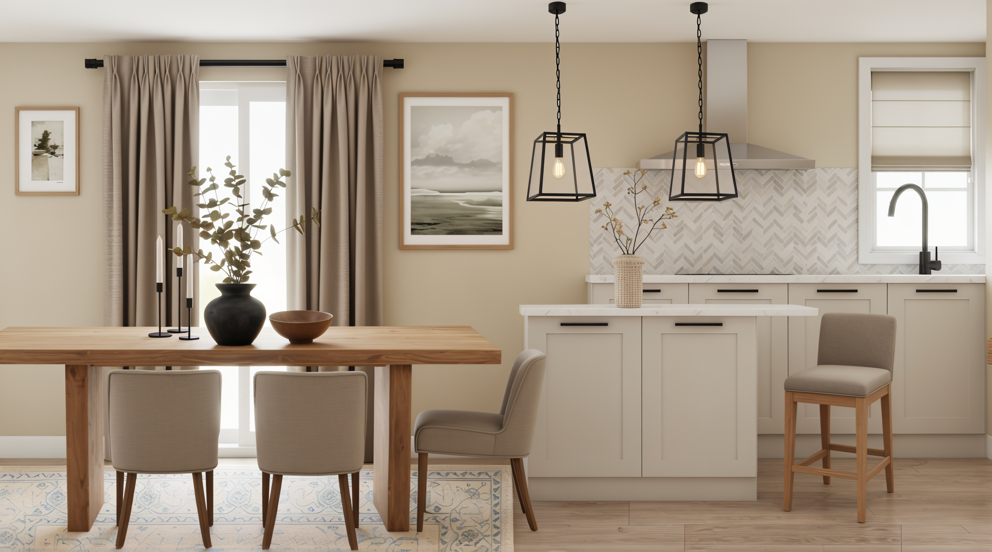 Open-concept kitchen and dining area with beige walls, light wood flooring, a wooden dining table with six beige chairs, black candlesticks with candles, a black vase with greenery, a framed landscape painting, white cabinets, a herringbone backsplas