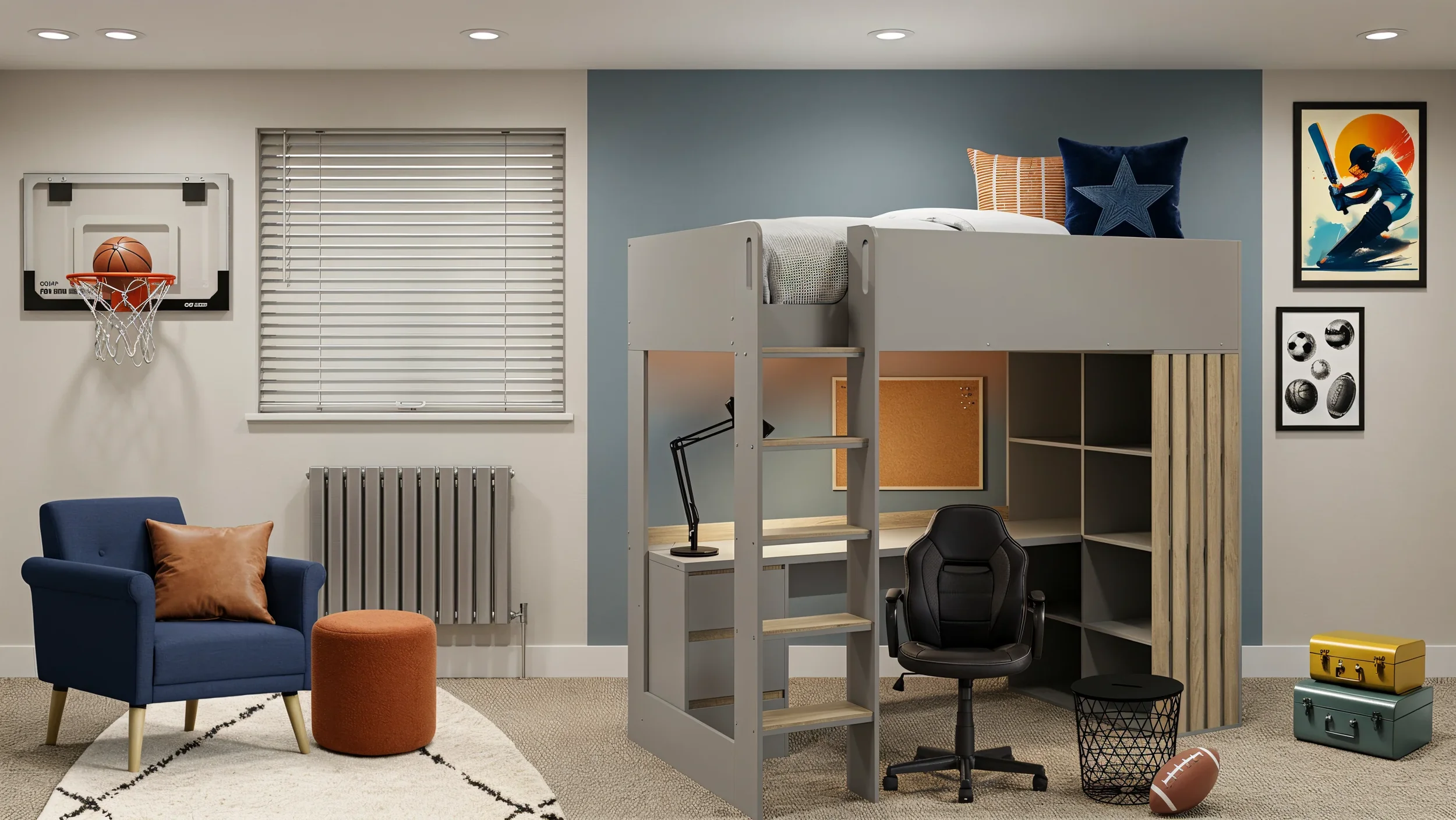 Interior of a child's bedroom with a loft bed, sports-themed decor, a blue armchair with a brown pillow, orange stool, basketball hoop on wall, desk with black chair, colorful storage boxes, and sports equipment on wall and floor