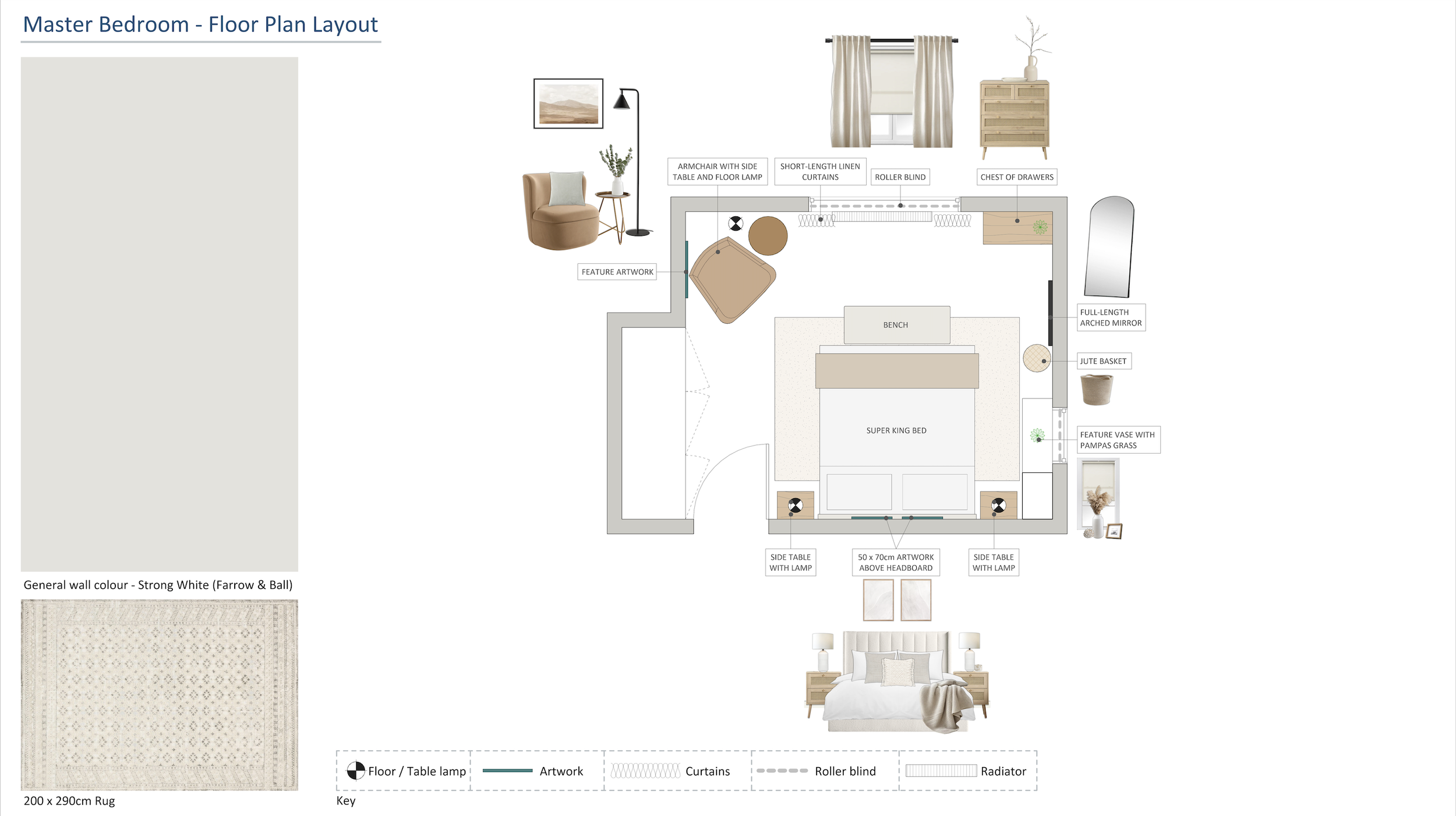 A detailed floor plan layout of a master bedroom showing furniture, decor, and design elements such as a super king bed, bedside tables with lamps, artwork, a full-length arched mirror, curtains, a chest of drawers, and decorative accessories like a 