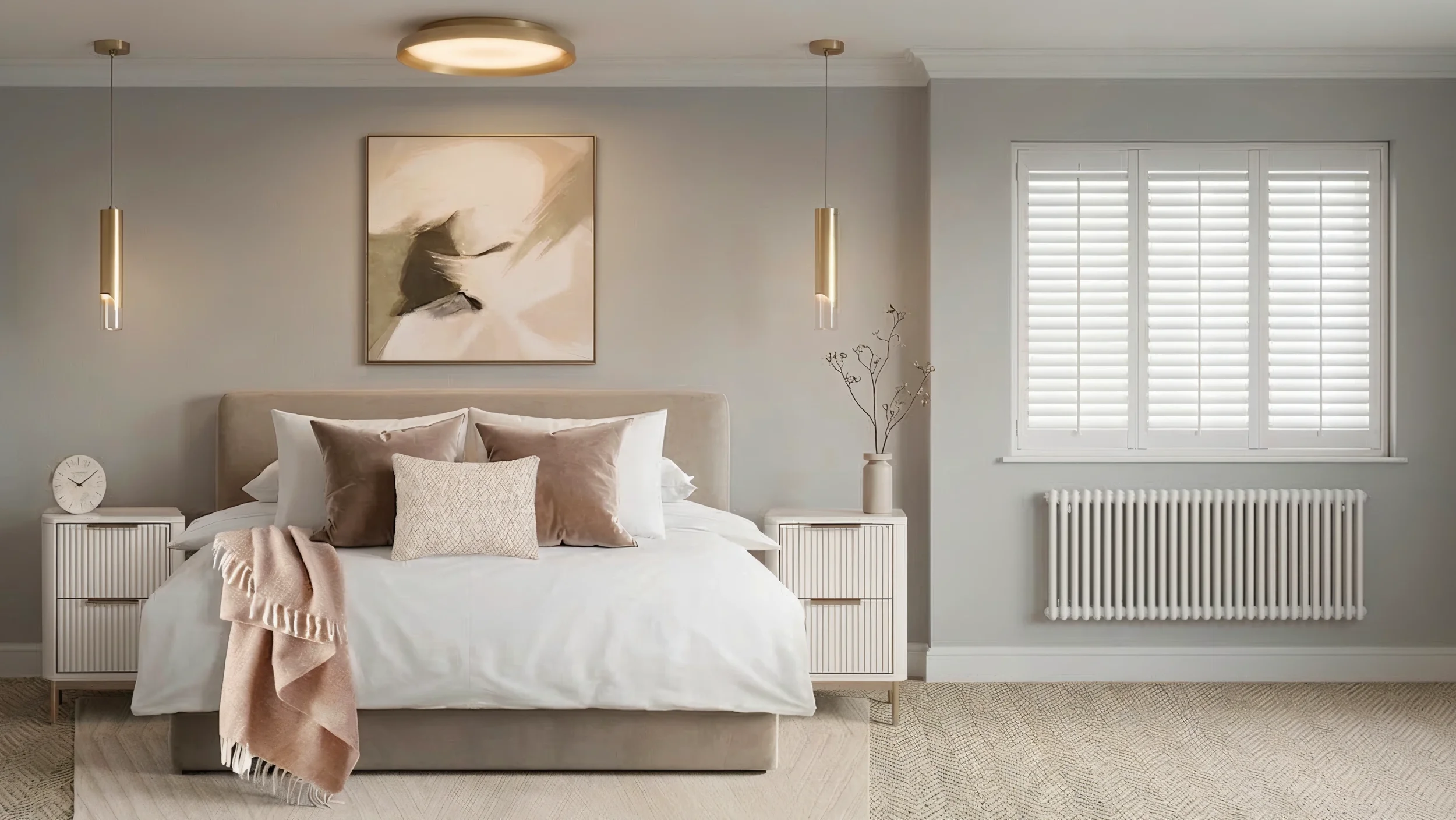A bedroom with a bed, nightstands, and pendant lights, featuring a large painting above the headboard, a window with white shutters, and a radiator below the window.