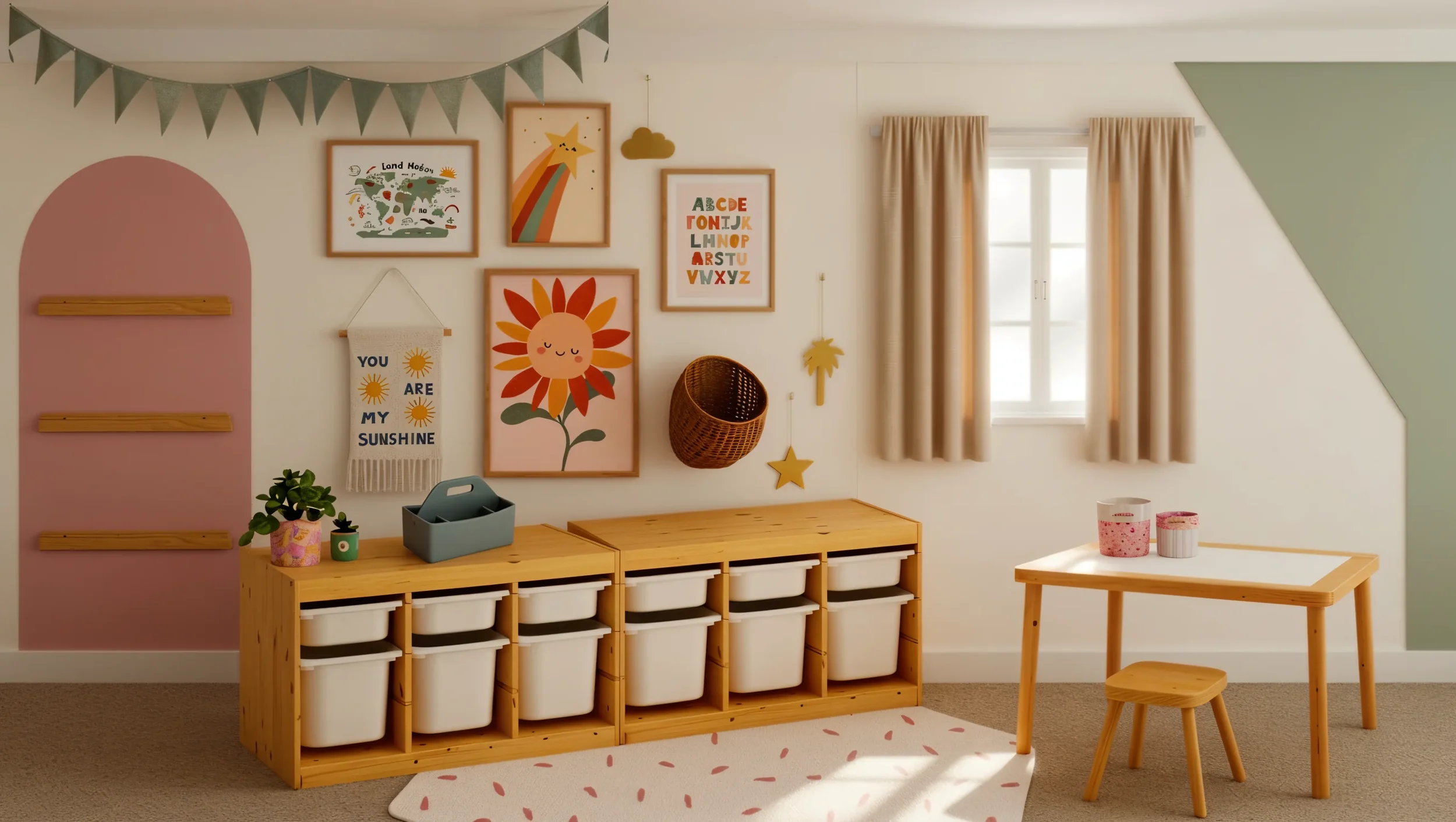 A children's playroom or bedroom with framed artwork, a pink and green wall, a wooden storage unit with white bins, a small table with two cups, and decorated with hanging and wall art including a phrase "You are my sunshine."