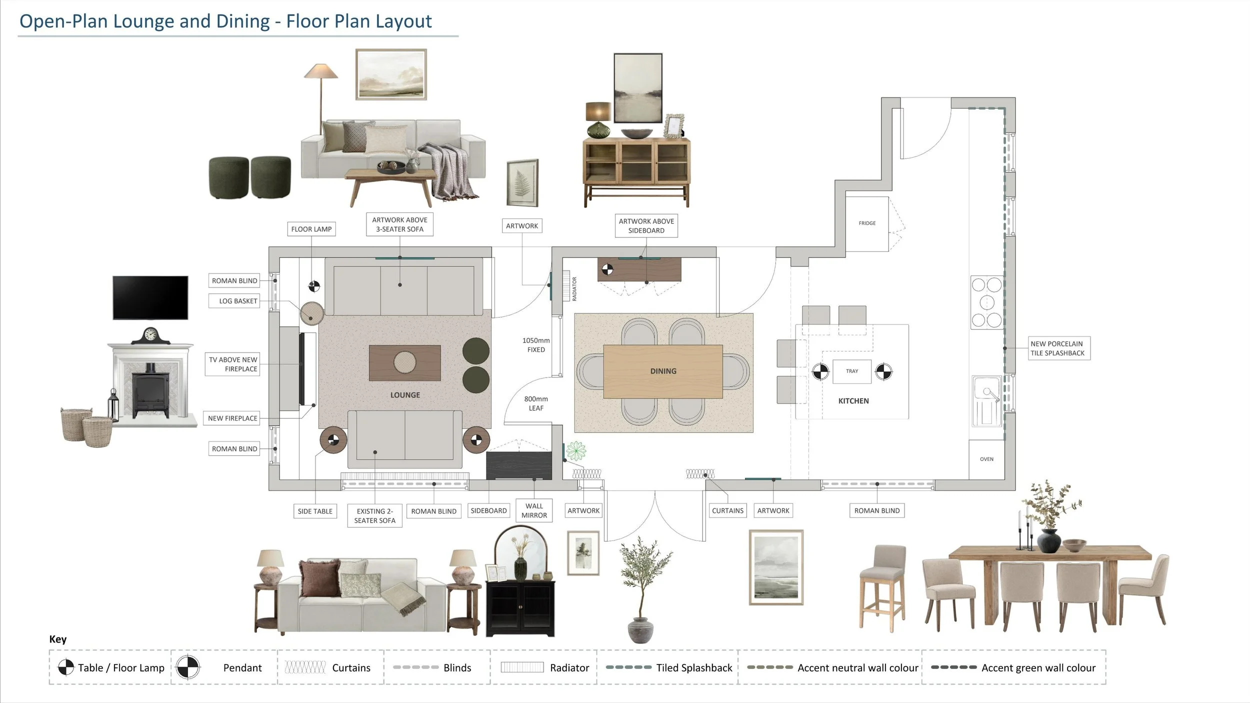 Floor plan layout of an open-concept lounge and dining area, showing furniture, artwork, and fixtures such as a fireplace, sofa, dining table, and kitchen appliances.