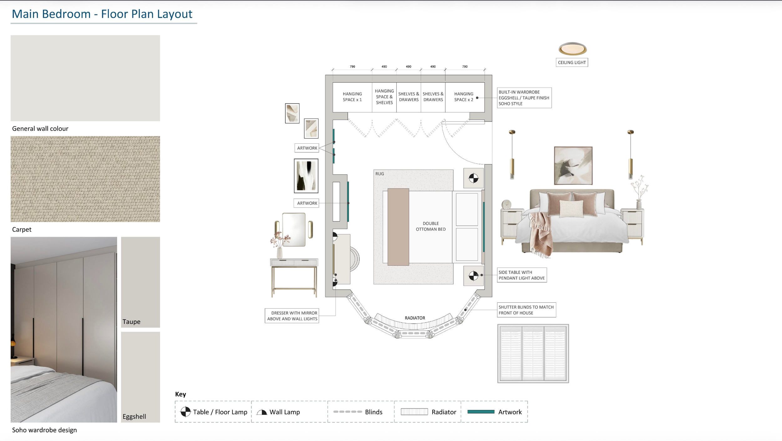 Floor plan layout of a main bedroom showing furniture and features such as a double bed, side tables with pendant lights, wall art, artwork, a dresser with mirror and wall lights, radiator, window shutters, and built-in wardrobe with sections for han