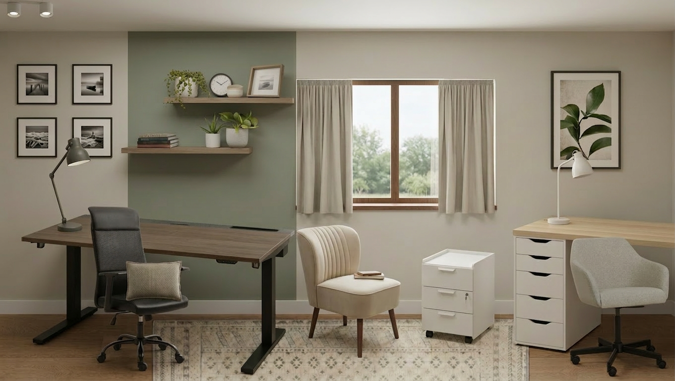 Home office with two desks, multiple chairs, a window with curtains, wall art, and decorative plants.