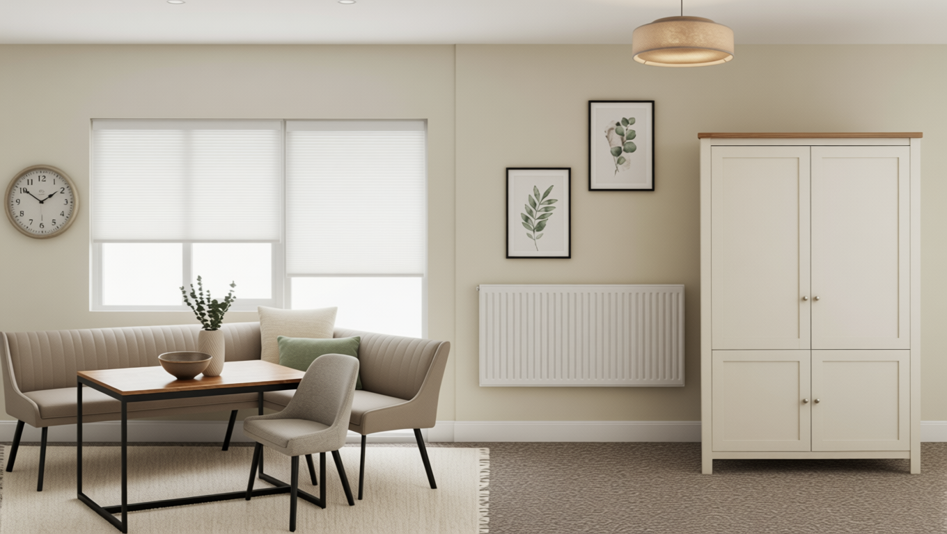 Living room with a beige sofa, a wooden dining table with chairs, framed botanical prints, a wall clock, and a white cabinet under natural light from windows.